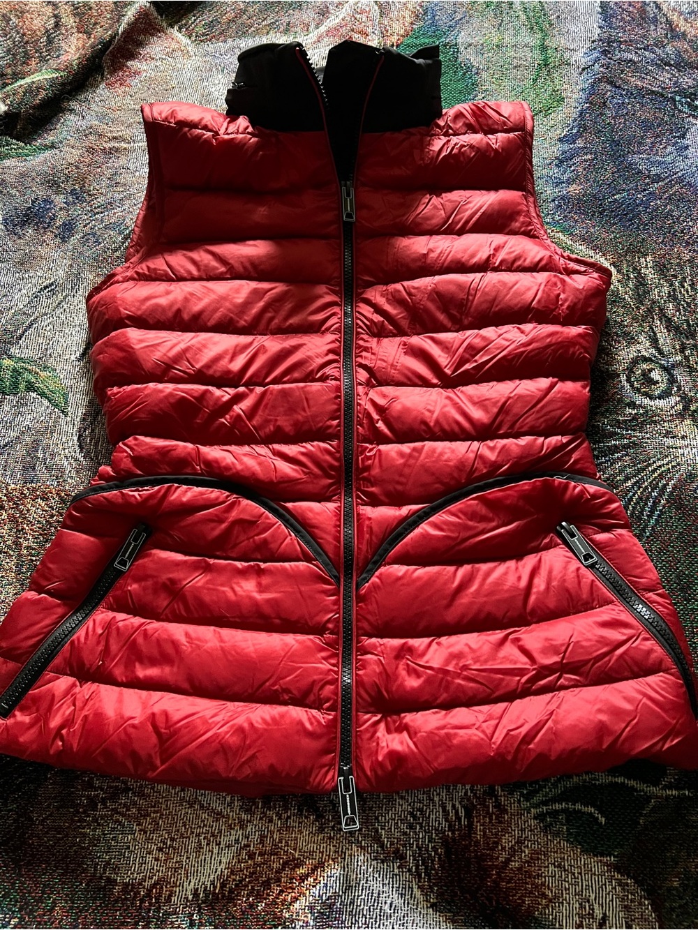 Burberry Red Quilted Puffer Vest with Black Trim and Hidden Hoodie